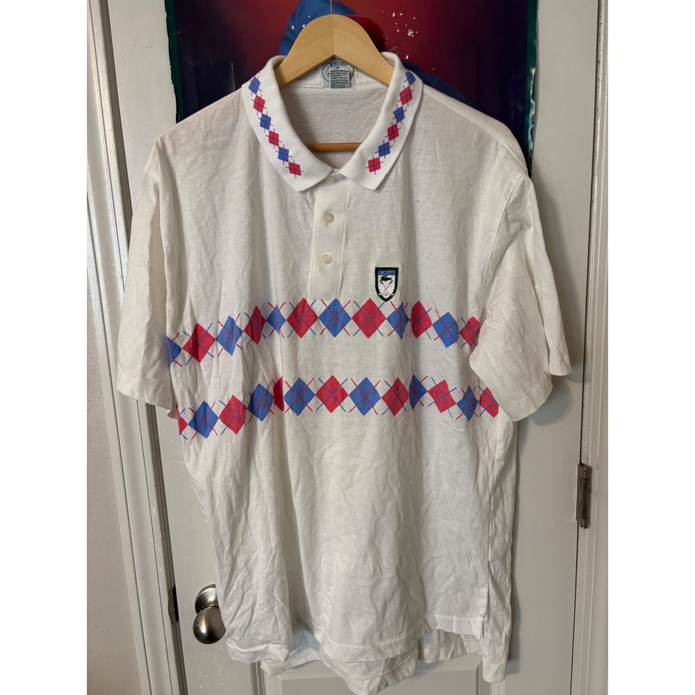 Vintage Izod Lacoste White Argyle Polo Shirt Mens XL Pink Blue Diamond 80s 90s